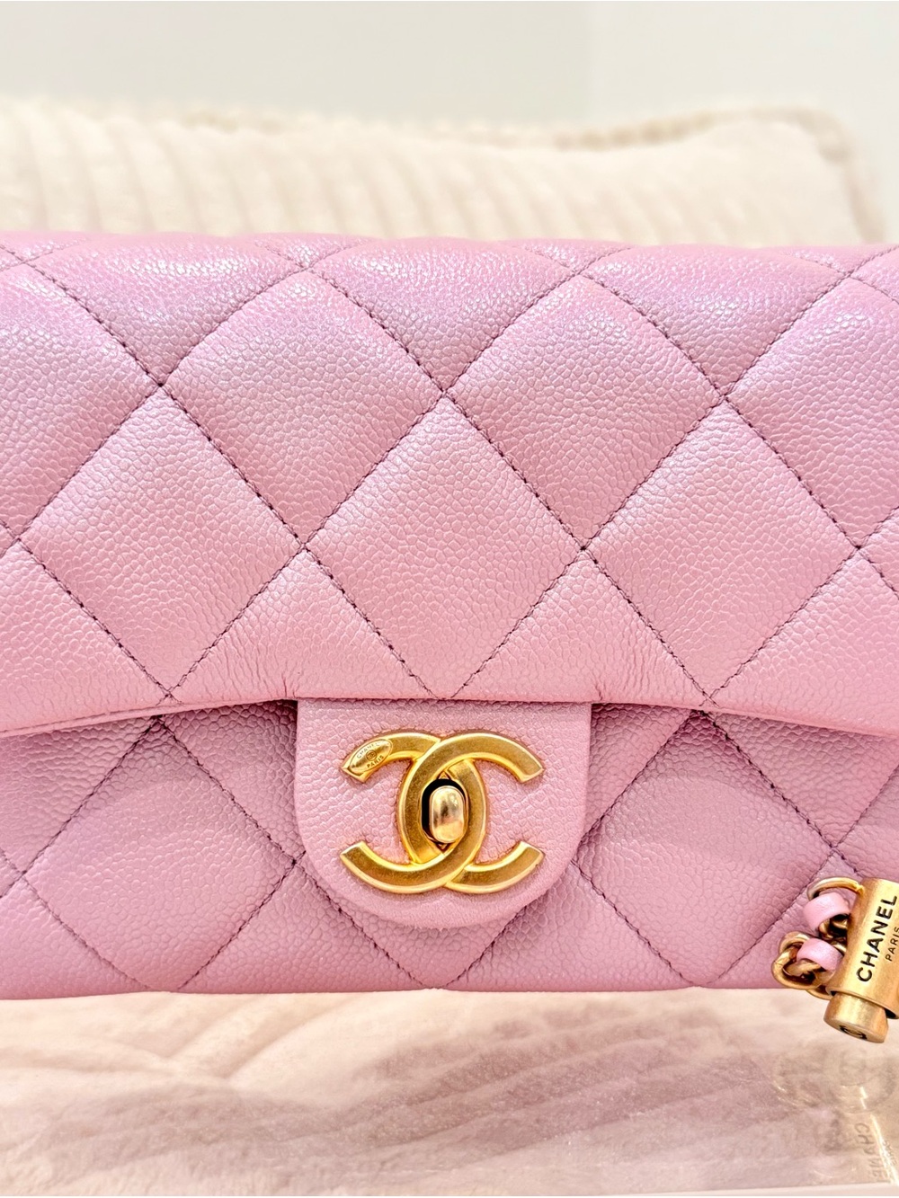 CHANEL Pink Quilted Mini Flap Bag with Gold CC Lock